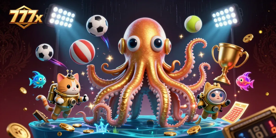 Catching big wins at 777x casino with a kraken, diving cat, and vibrant sports elements