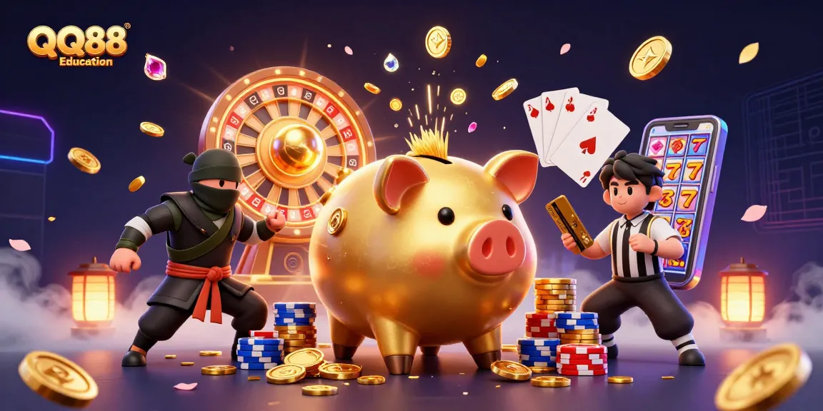 Engage with QQ88 Education as a golden piggy bank sumo wrestler unleashes golden coins in an exciting casino scene.