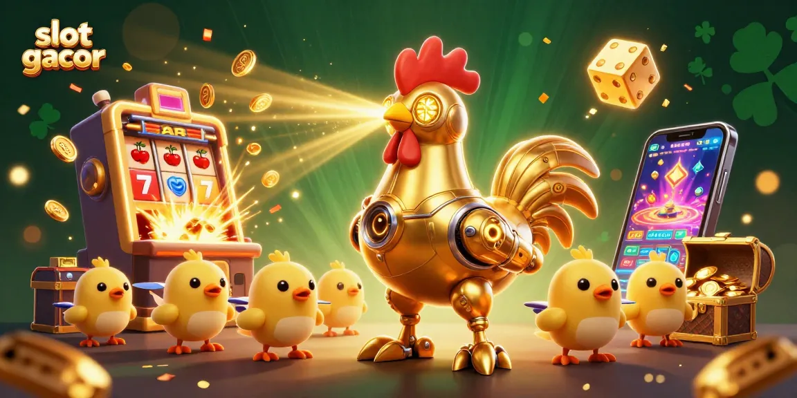 Menangkan slot gacor dengan karakter unik robot ayam emas dan elemen kasino penuh warna.