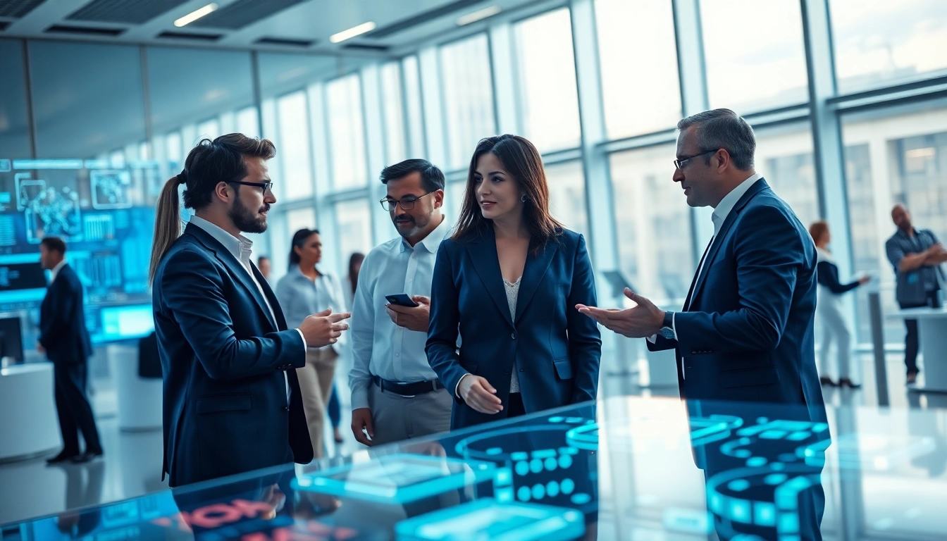 AI agents collaborating in a futuristic workspace with digital interfaces and a modern setting.