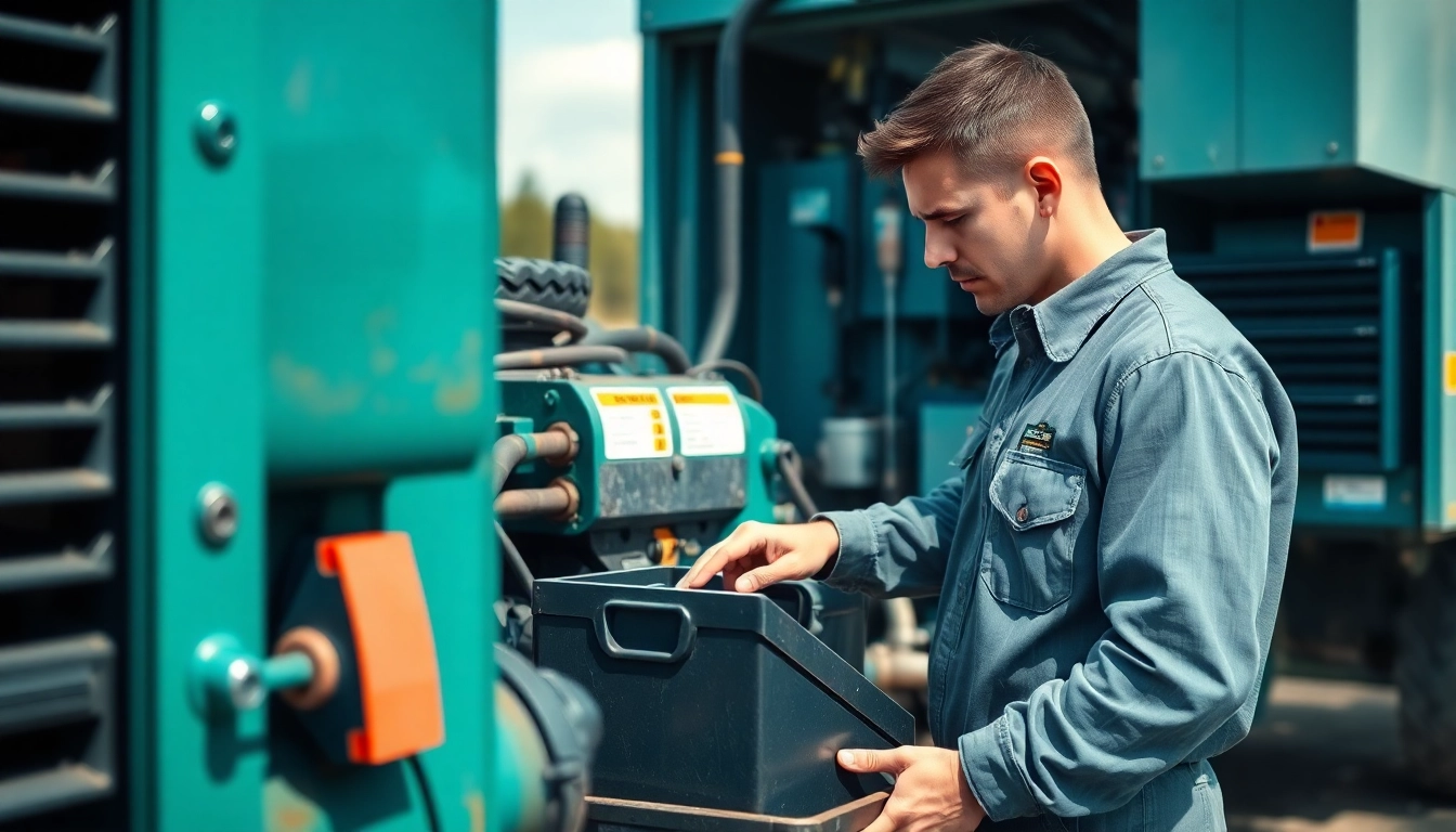 Mobile equipment service technician performing maintenance on heavy machinery outdoors.
