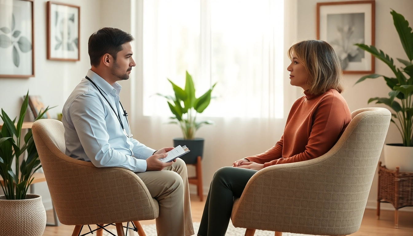 Engaging trauma therapy session with an empathetic therapist and reflective client.