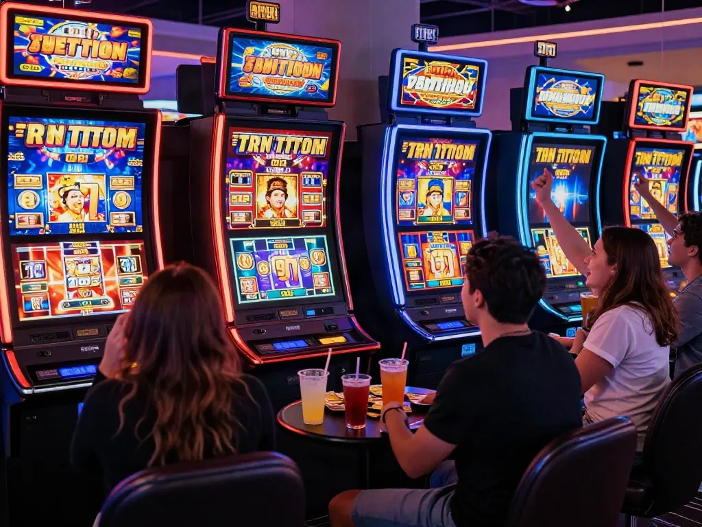 Slot777 di kasino dengan teman-teman merayakan kemenangan di permainan mesin slot.