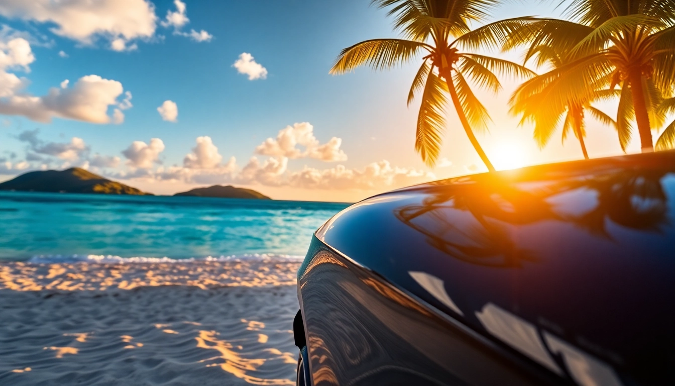 Find the best car rental saint barth enjoying a luxury car on a serene beach.