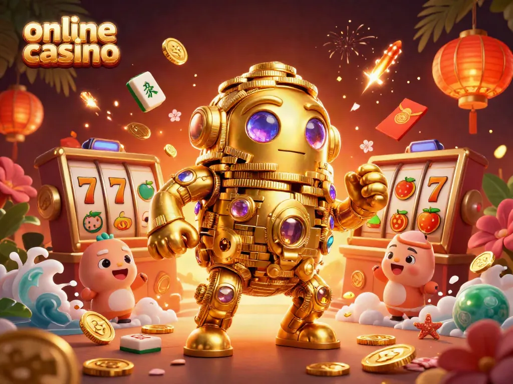 Engage in thrilling online casino games with a golden golem and vibrant casino elements.