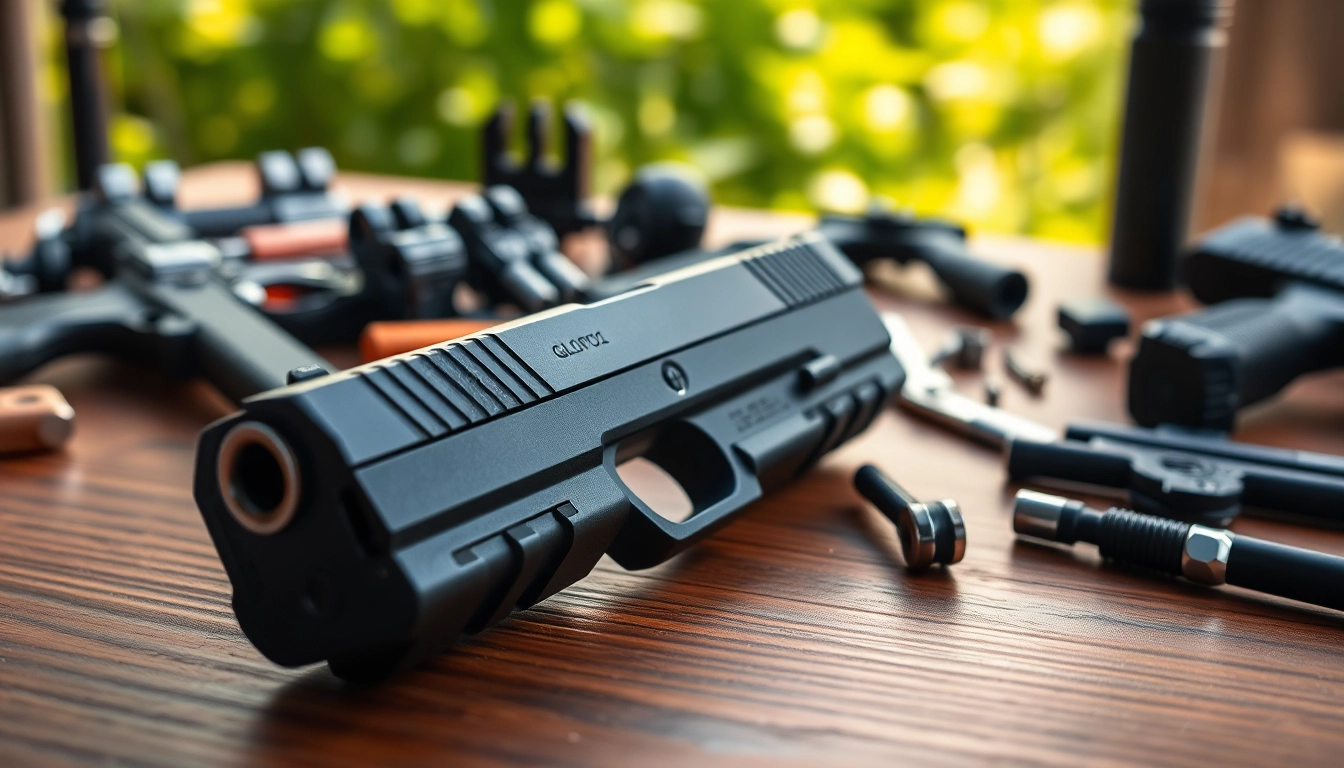 Glock 19 slides displayed with precision craftsmanship and sleek design on a wooden surface.