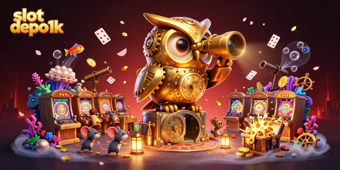 Slot depo 1k dengan slot mesin dan burung hantu emas berputar menang jackpot yang berkilau.
