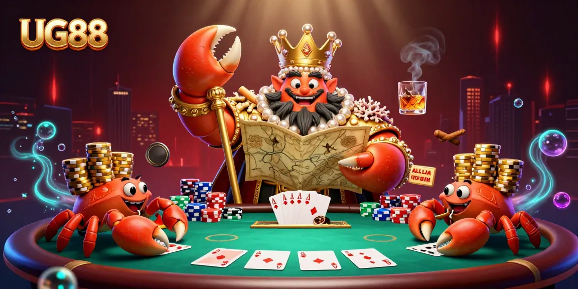 Engage with UG88's dynamic poker scene featuring a golden crab emperor amidst rich casino elements and vibrant designs.