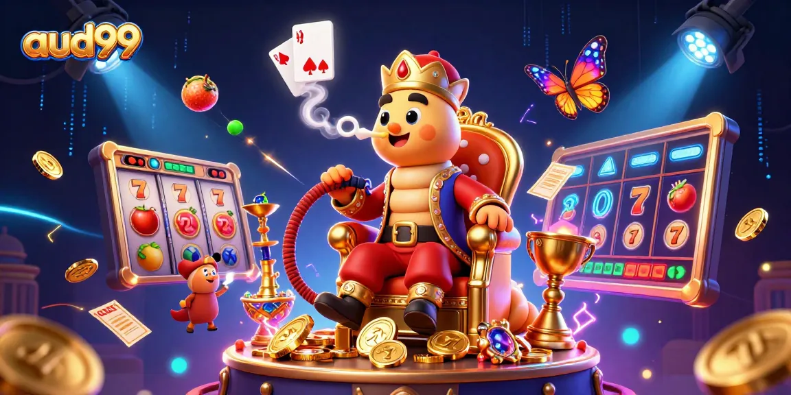 aud99 gaming experience featuring slot reels and golden elements in a rich 3D illustration