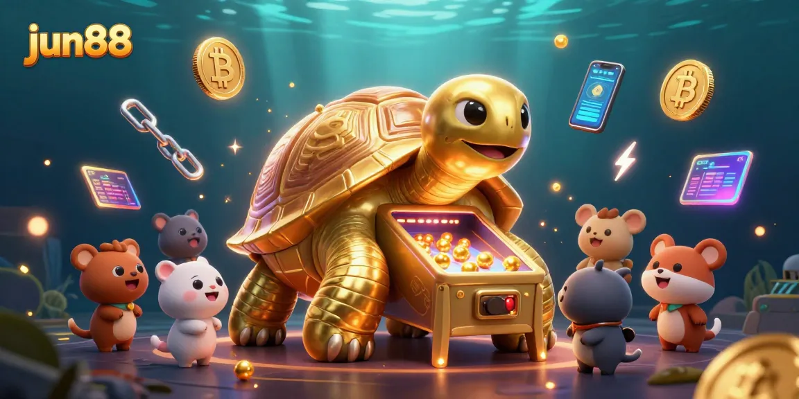 Experience thrilling action at jun88 with a golden tortoise pinball machine in a vibrant casino scene.