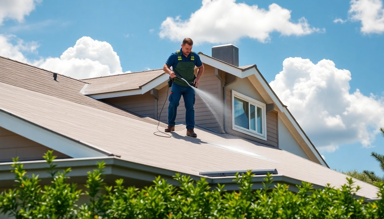 Technician performing roof cleaning using eco-friendly solutions on a residential roof.