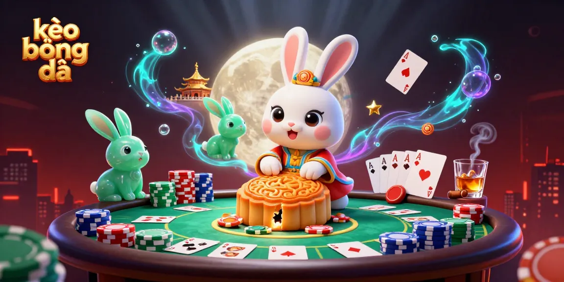 Place your bets with kèo bóng đá while witnessing a cartoon moon rabbit revealing poker chips.
