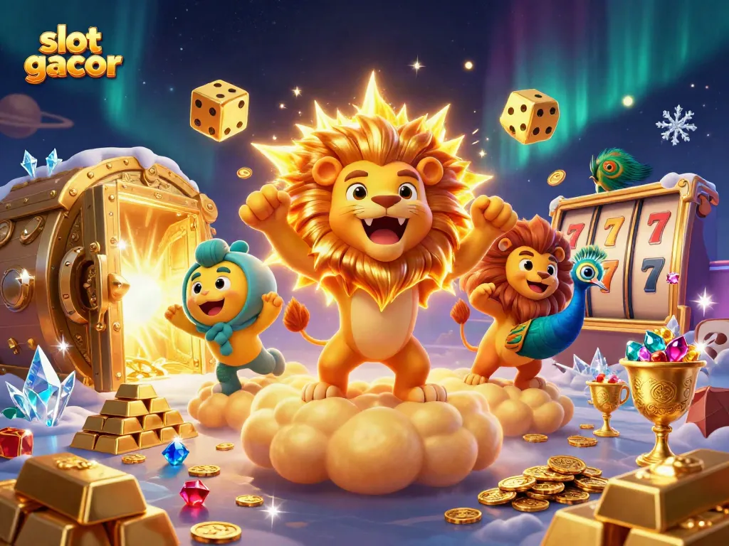 Visualisasi slot gacor dengan singa berwajah cerah yang mengelilingi harta karun dari emas dan permata.