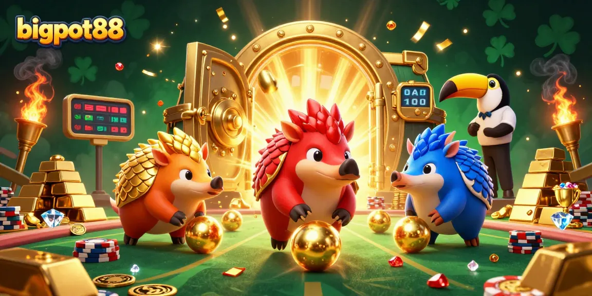 Menang besar di bigpot88 dengan pangolin bertarung dan tumpukan chip poker berkilau.