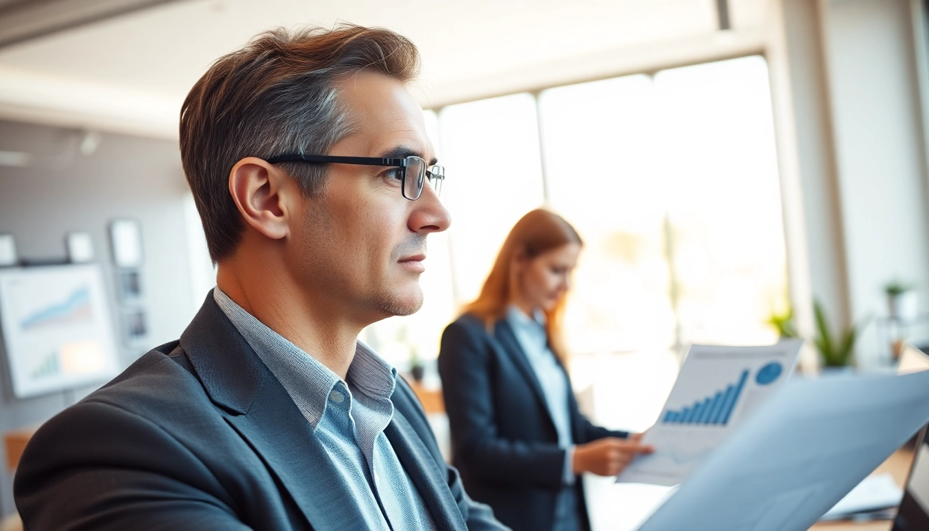 Business management consultant California advising clients in an office with strategy documents.