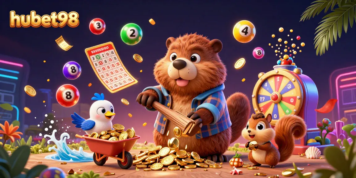 Engage with vibrant hubet98 casino action showcasing a tree raining coins, lively characters, and dynamic game elements.