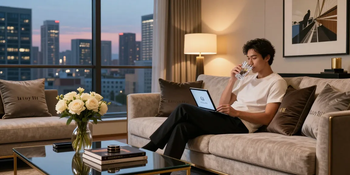 Interior mewah dengan elemen luxury111, individu menikmati suasana santai di apartemen modern.