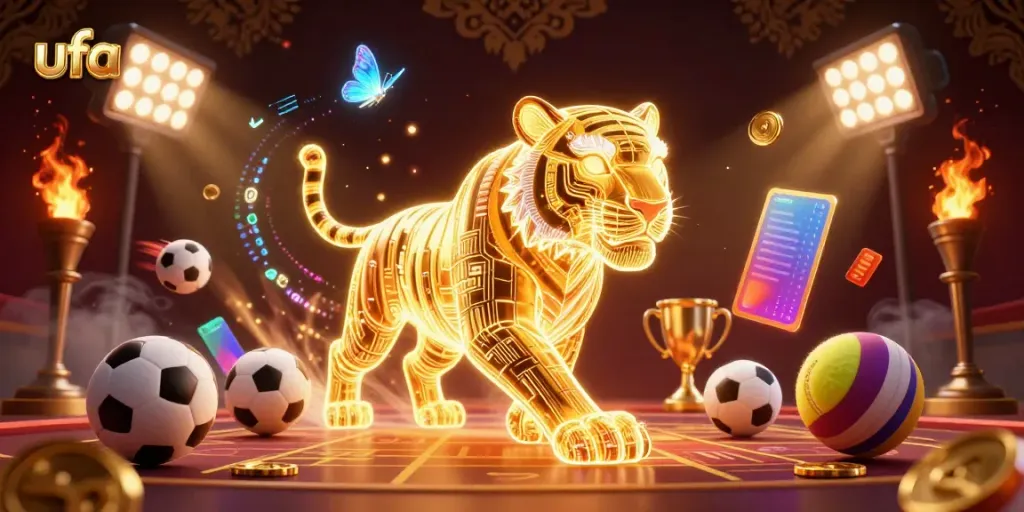 ภาพวาด 3D แสดงถึง ufa ในคาสิโนดิจิทัล พร้อมเสือทองคำและบอลกีฬา