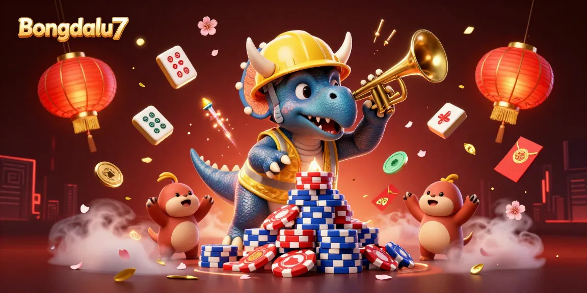 Bongdalu7 presents a dynamic scene with cartoon characters building poker chip pyramids, surrounded by festive elements, packed with gambling energy.