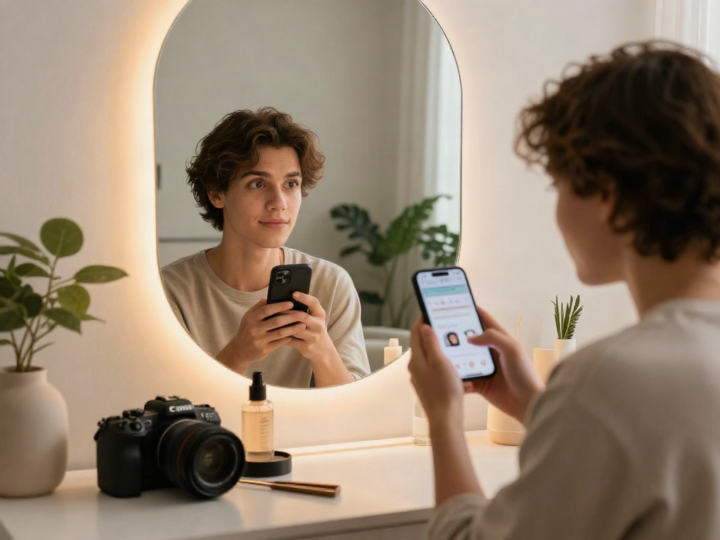 Evaluating the test of attractiveness with a smartphone app in a stylish vanity setup.