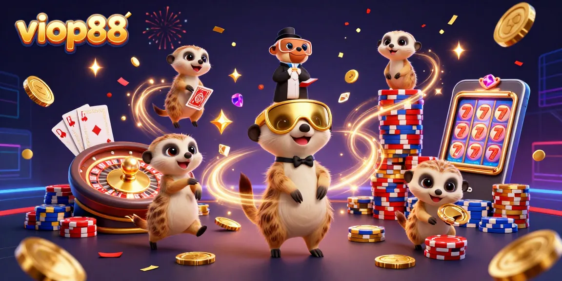 Experience the exciting casino scene at viop88 with playful meerkats and engaging game elements.