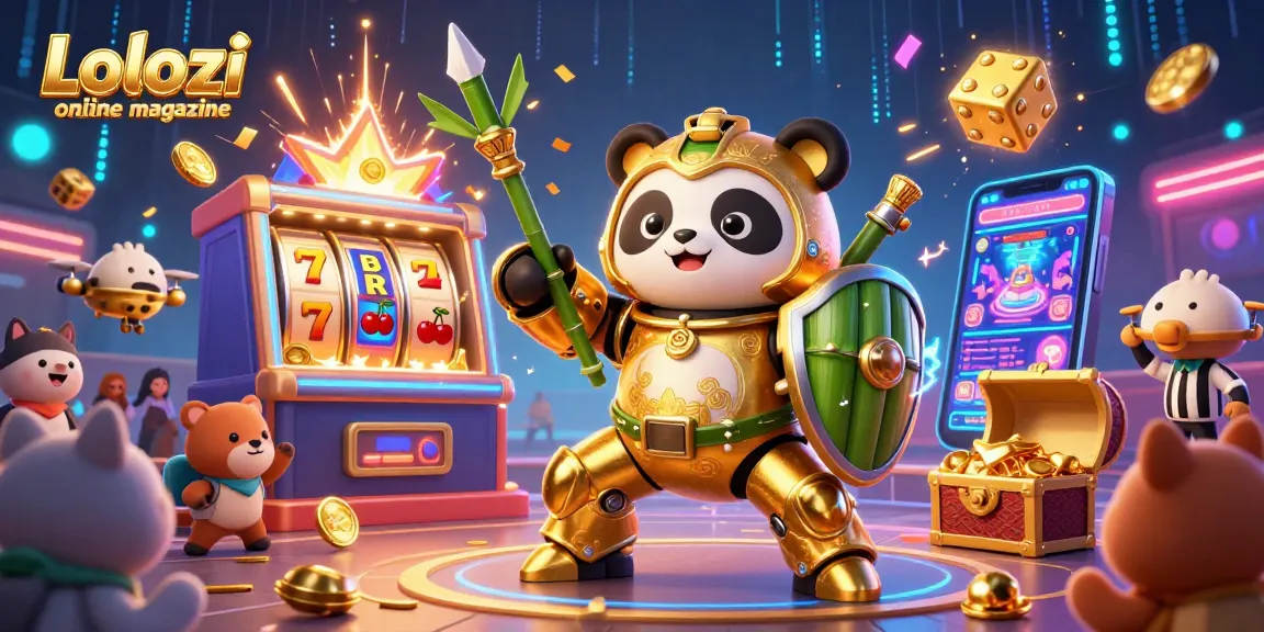 Lolozi online magazine showcases an electrifying scene with a golden panda fighting robot amidst dynamic casino elements.