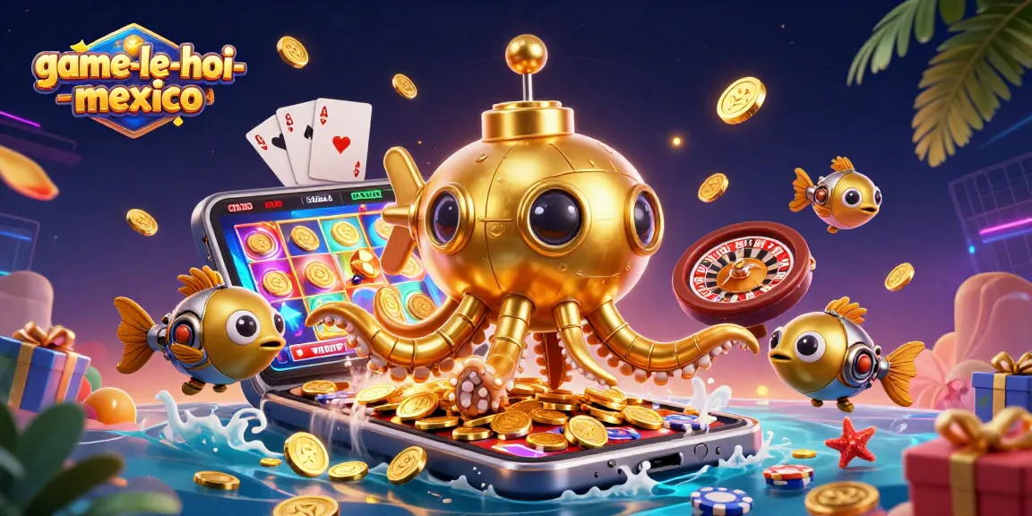 Engage in the excitement of game-le-hoi-mexico with a dynamic illustration of a golden kraken submarine amidst golden coins.