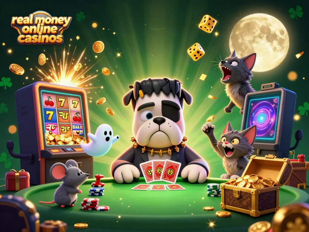 Experience thrilling action at real money online casinos with cartoon characters and dynamic casino elements.