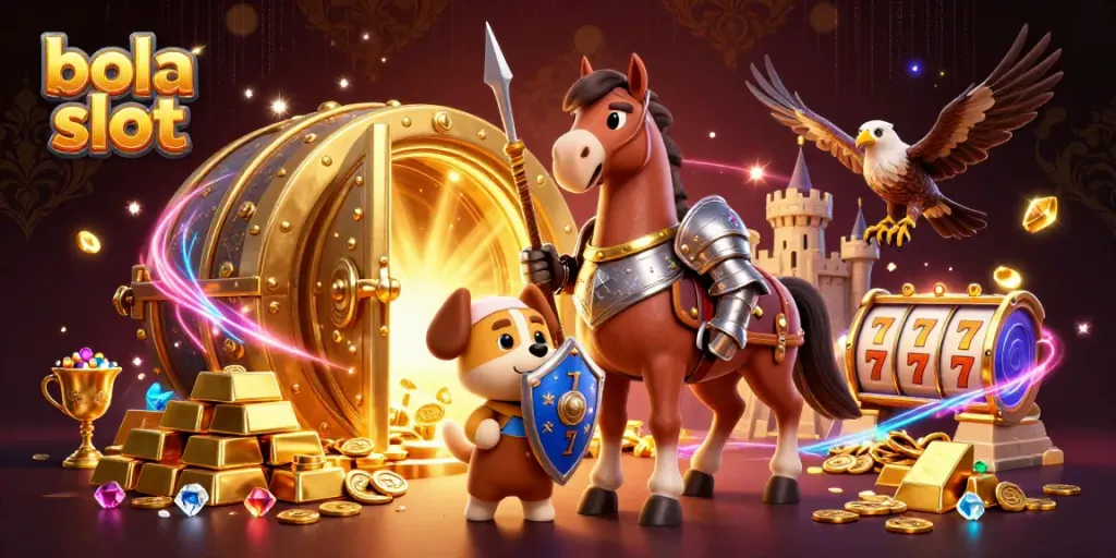 Experience the excitement of bola slot with a knight, puppy, and falcon amidst treasures and slot elements.