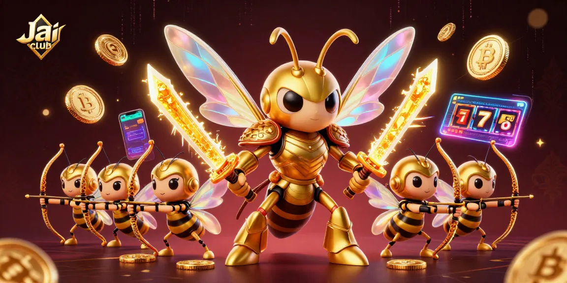 Experience thrilling gameplay at Jai club with a vibrant 3D scene of a golden hornet and slot reels.
