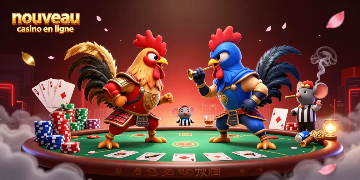 Affrontez-vous dans un nouveau casino en ligne avec des coqs combattants au poker en pleine action.