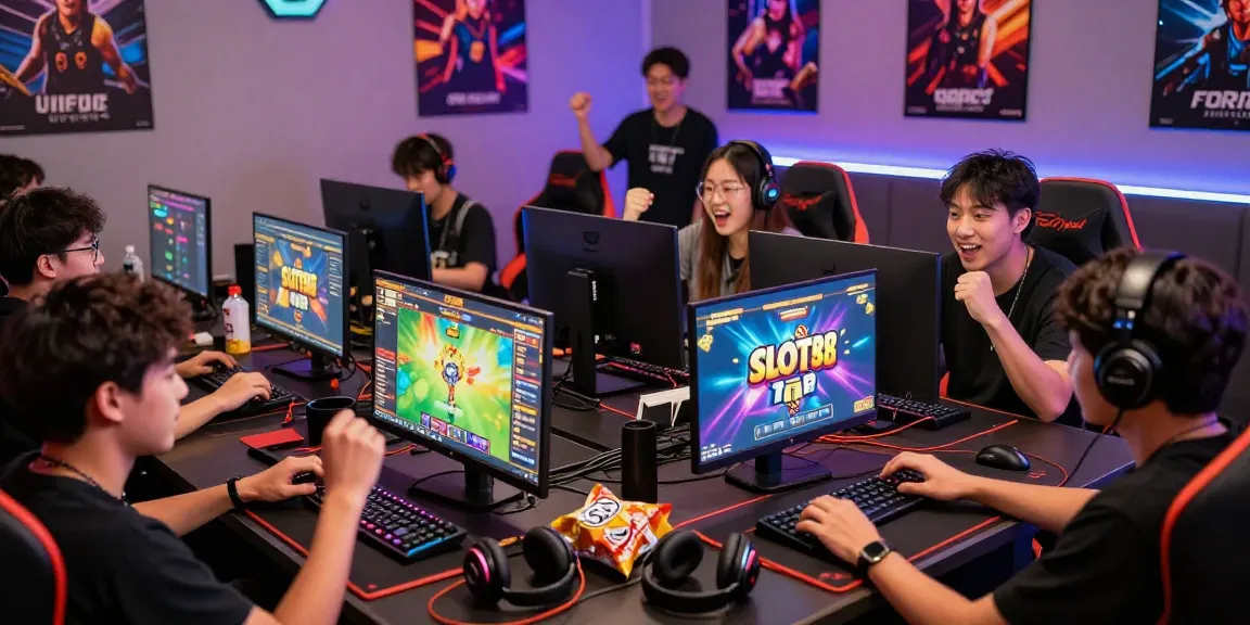 Bermain slot88 dengan suasana yang ceria di ruang gaming yang penuh warna.