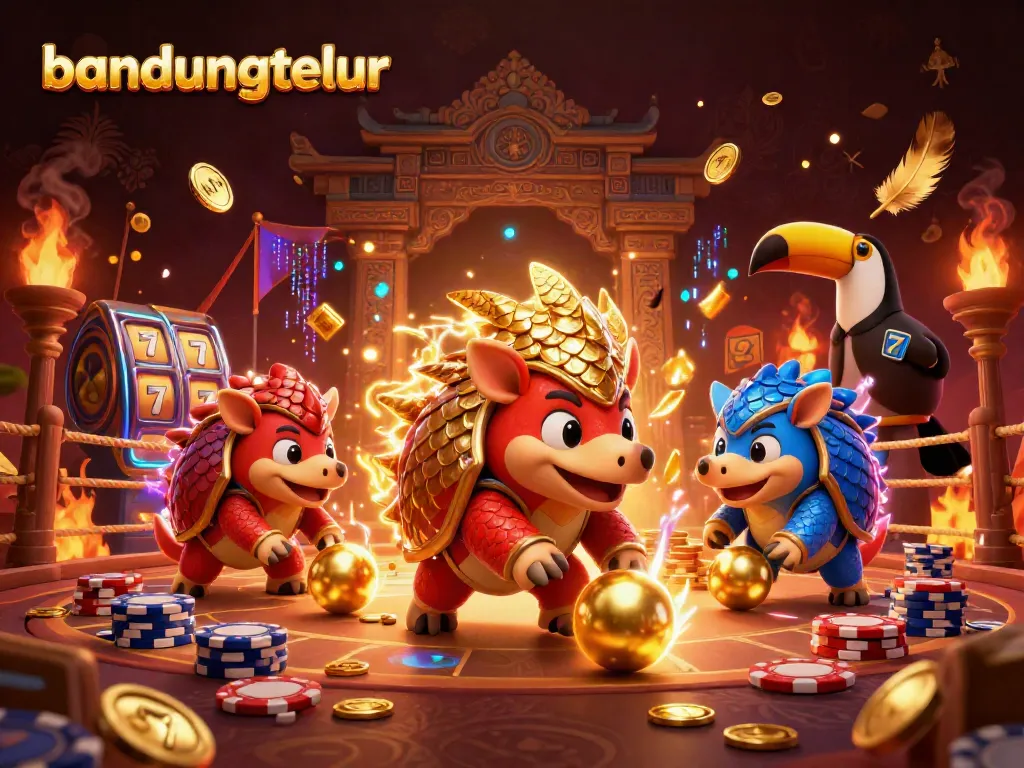 Experience thrilling gaming action with bandungtelur as rival pangolins roll through golden balls in a vibrant casino.