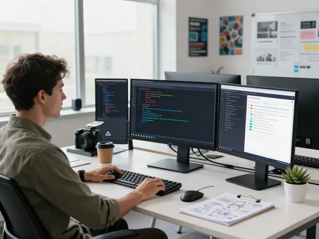 v2rayN官网 developing software in a modern office environment with multiple screens and vibrant designs.
