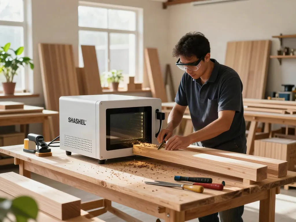 SHASHEL® microwave technology in action eliminating wood-boring insects in a wood treatment workshop.
