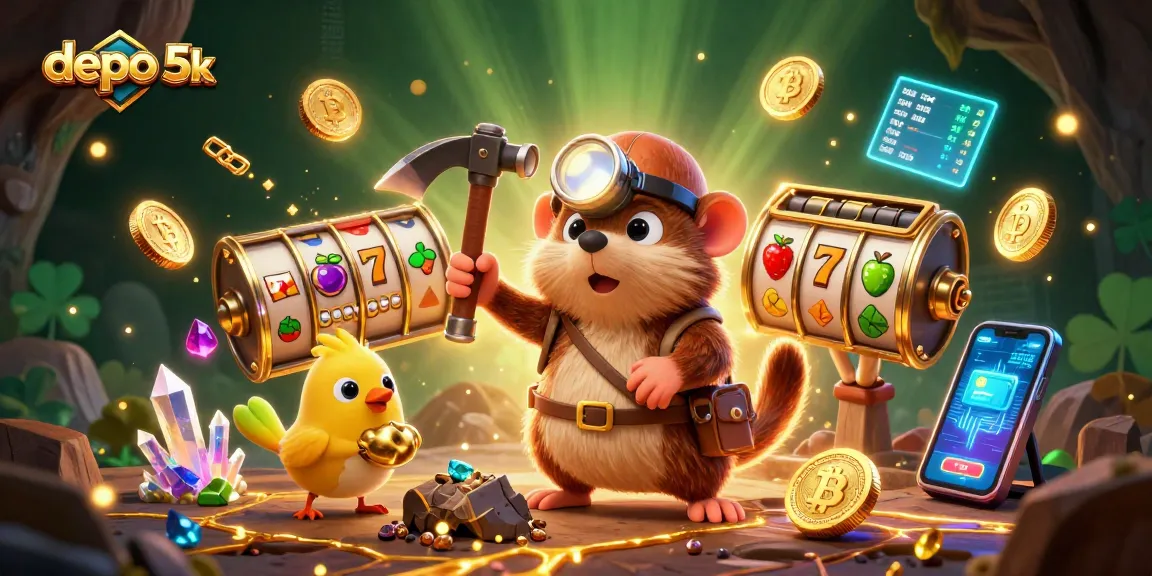 Menangkan permainan di depo 5k dengan grafis yang kaya, simbol slot dan petualangan kasino.