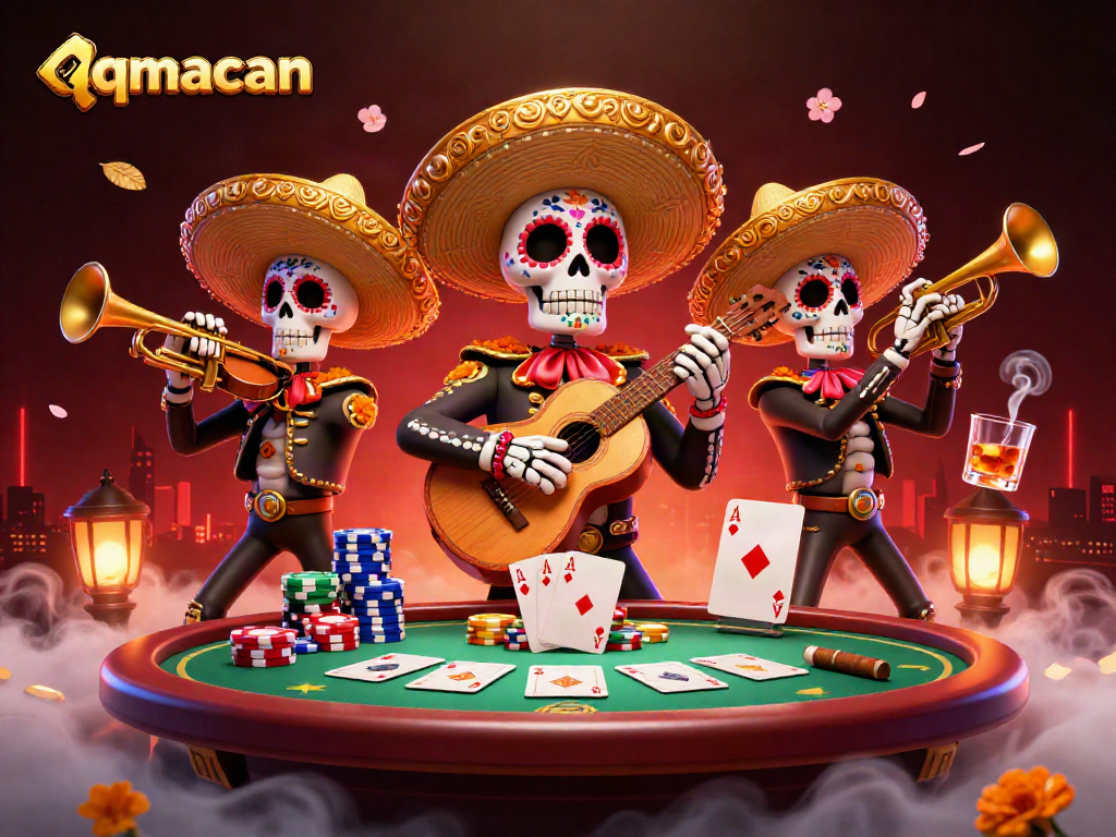 Engage with qqmacan's vibrant casino scene featuring a lively mariachi band amid poker excitement.