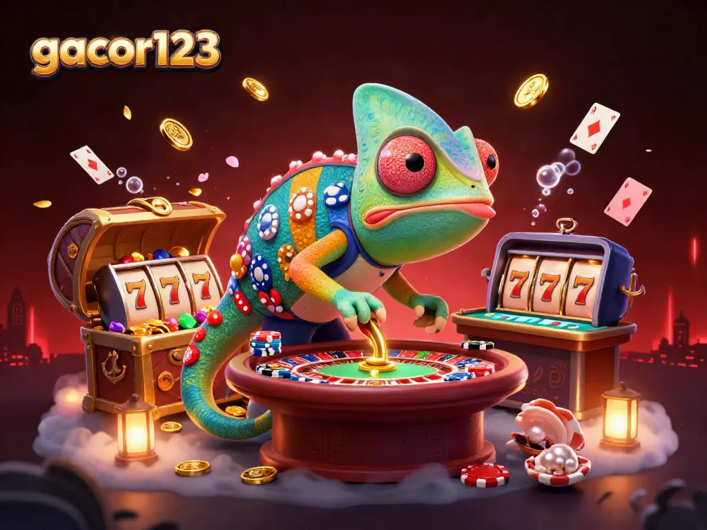 Experience epic gameplay at gacor123 with a vibrant casino illustration showcasing a chameleon owner amidst spinning slot reels and golden treasures.