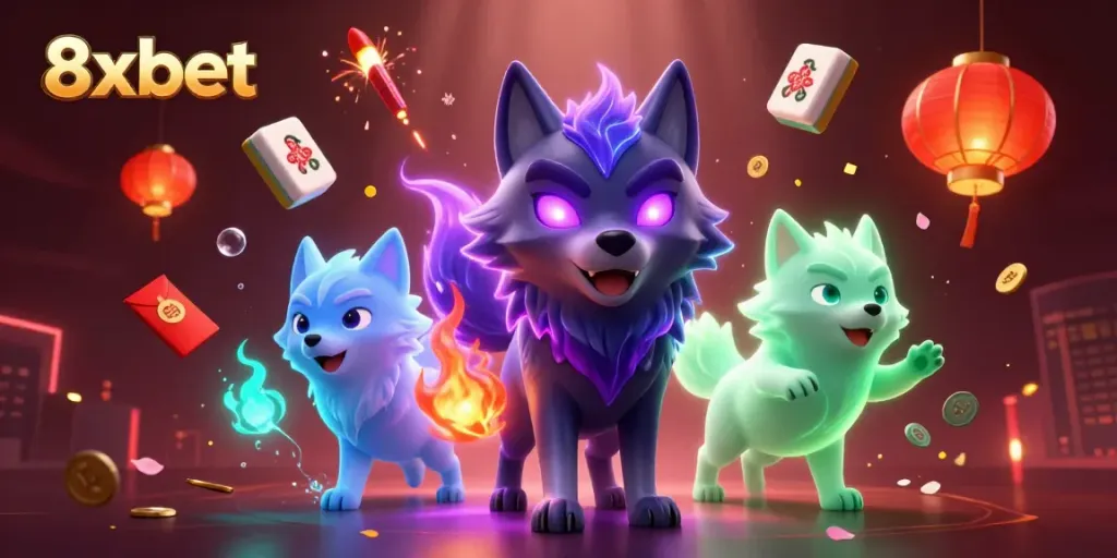 Engage in exciting gambling at 8xbet with a vibrant 3D casino scene featuring mystical wolves and glowing elements.
