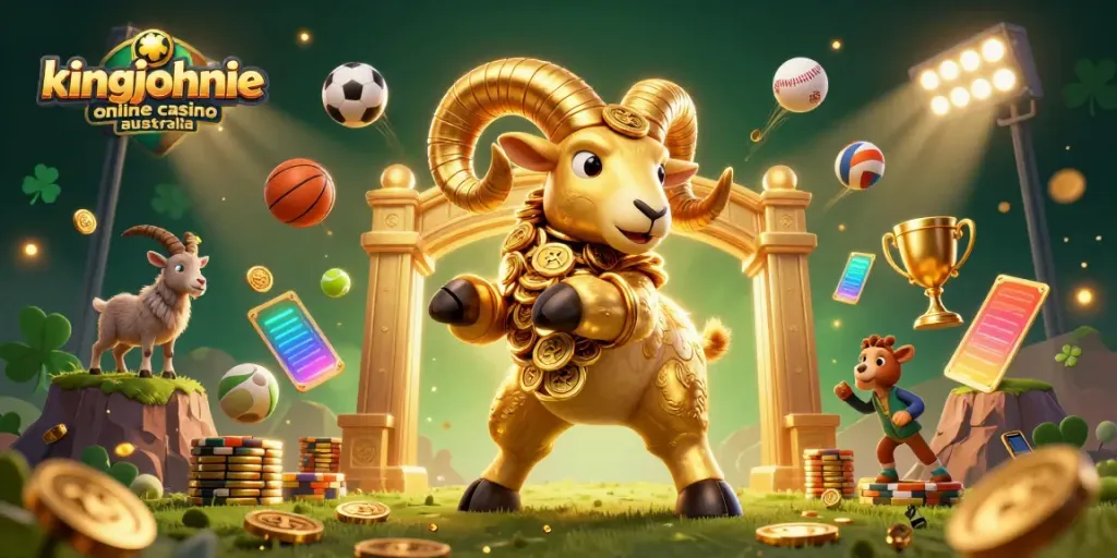Experience the excitement of kingjohnnie online casino australia with a dynamic 3D illustration of casino elements.