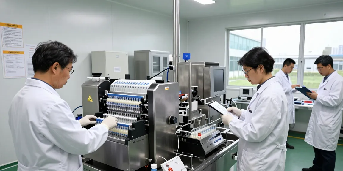 Pharmaceutical manufacturing company South Africa - technicians in sterile lab coats operating advanced production machines in cleanroom setting.