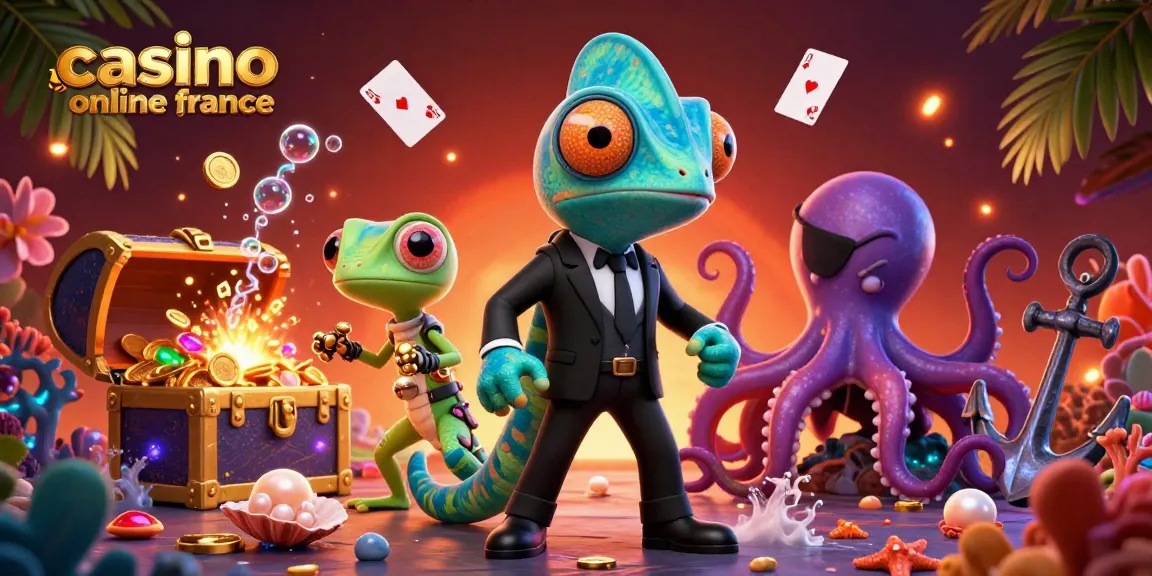Illustration de jeu captivante pour casino en ligne France, avec un caméléon agent secret, un gecko technologique et un octopus maléfique entourés d'éléments de jeu.