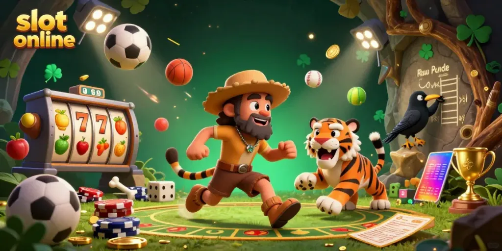 Experience thrilling slot online gameplay with this lively prehistoric casino scene illustrating adventurous characters amidst elements of excitement.
