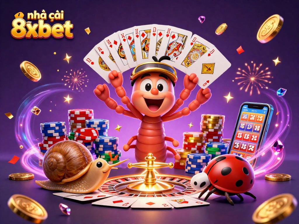 Experience the excitement of nhà cái 8xbet with a lively casino scene featuring a millipede dealer and high-roller snail.