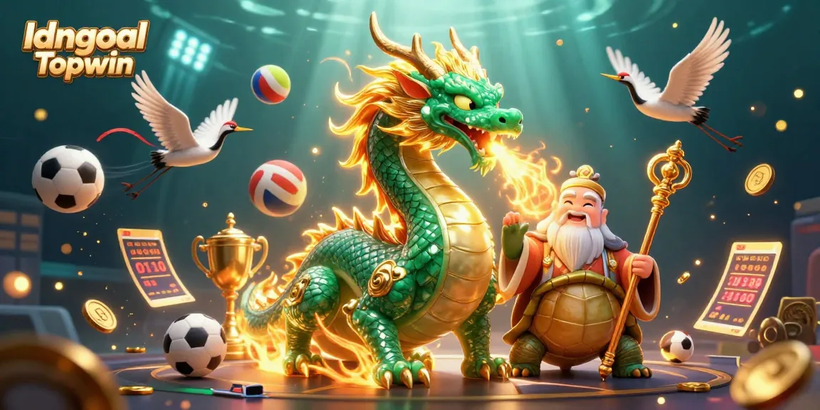 Bet on Idngoal Topwin with an action-packed scene featuring mythical creatures and sports elements.