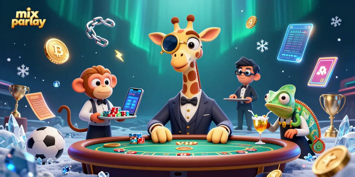 Mengikuti mix parlay dengan giraffe penjudi, valet monyet, dan bartender chameleon dalam ilustrasi kasino yang menarik.