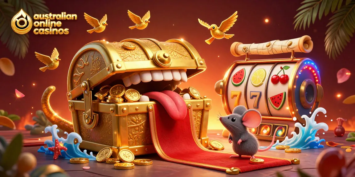 A vibrant 3D illustration showcasing australian online casinos with a treasure chest and dynamic slot elements.