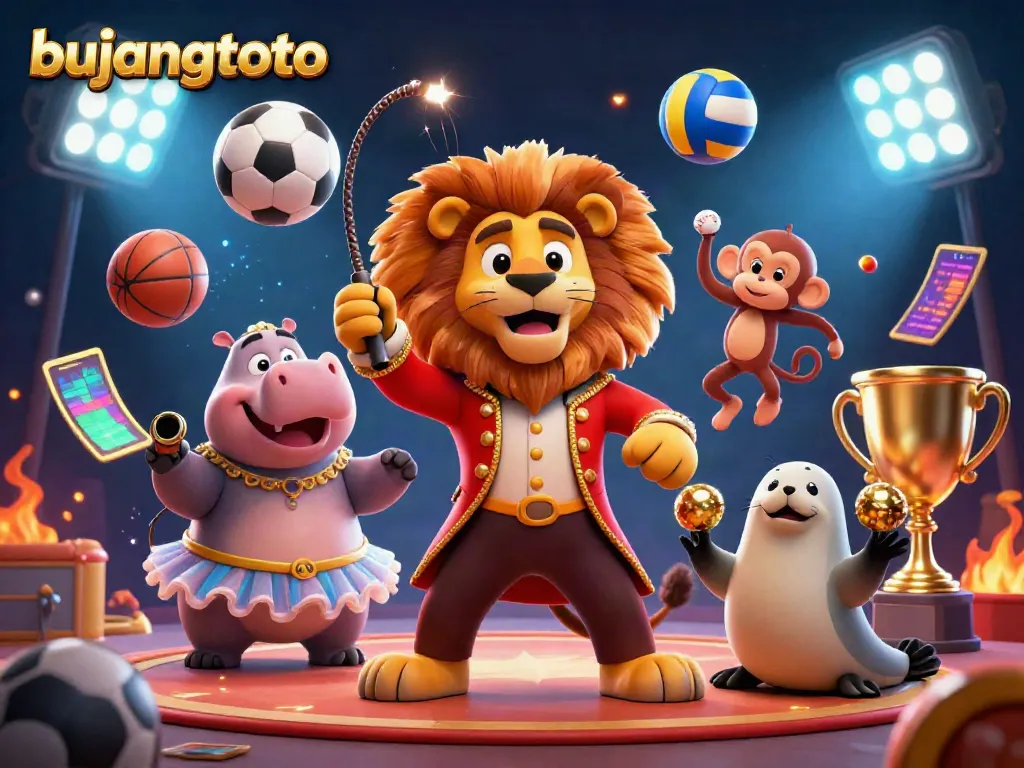 Bujangtoto interactive circus-themed digital casino illustration depicting a vibrant and dynamic scene with characters and sports elements.