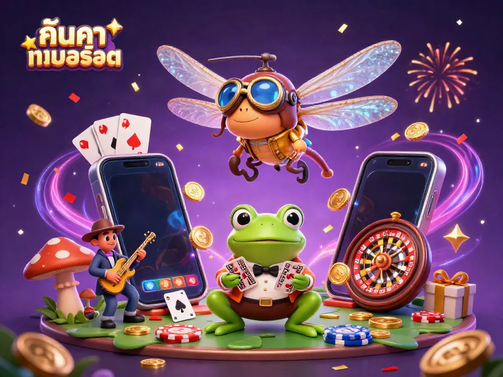 Engage with ค้นหาเกมสล็อต in a vibrant 3D casino scene featuring dragonflies, frogs, and treasure.