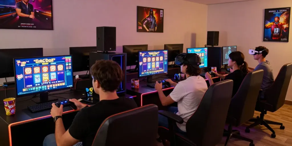 Diverse friends enjoying a slot gacor gaming experience in a vibrant lounge.